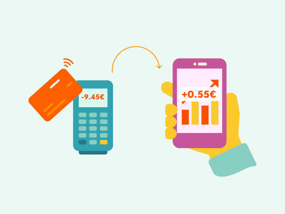 A person makes a card payment, and a smartphone screen shows a rising investment chart. Text: “Mini Invest – invest small amounts every time you pay with your card.”