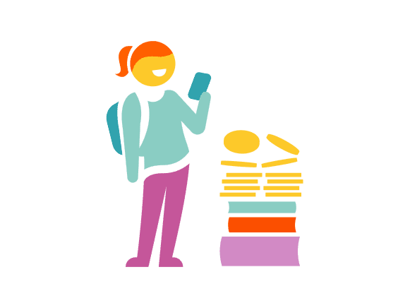 Человек с телефоном стоит рядом с книгами и монетами – изображается возможность инвестировать в будущее детей, открыв брокерский счёт.