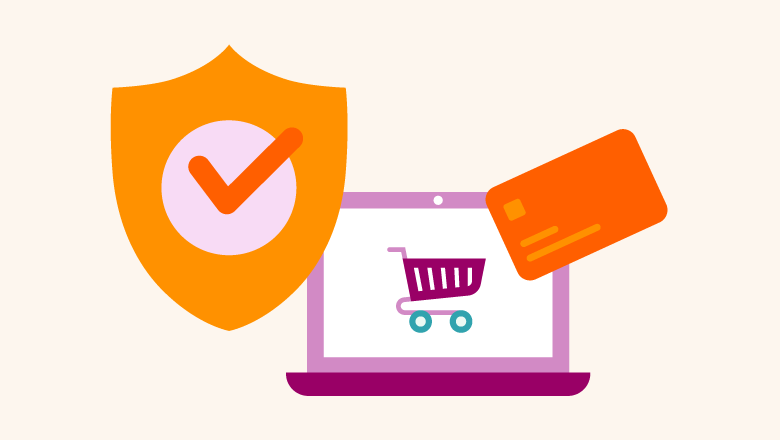 Oranžinis skydas su varnele, rožinis nešiojamas kompiuteris su pirkinių krepšelio piktograma ekrane ir oranžinė banko kortelė – simbolizuoja saugius elektroninius mokėjimus ir internetinės prekybos apsaugą.